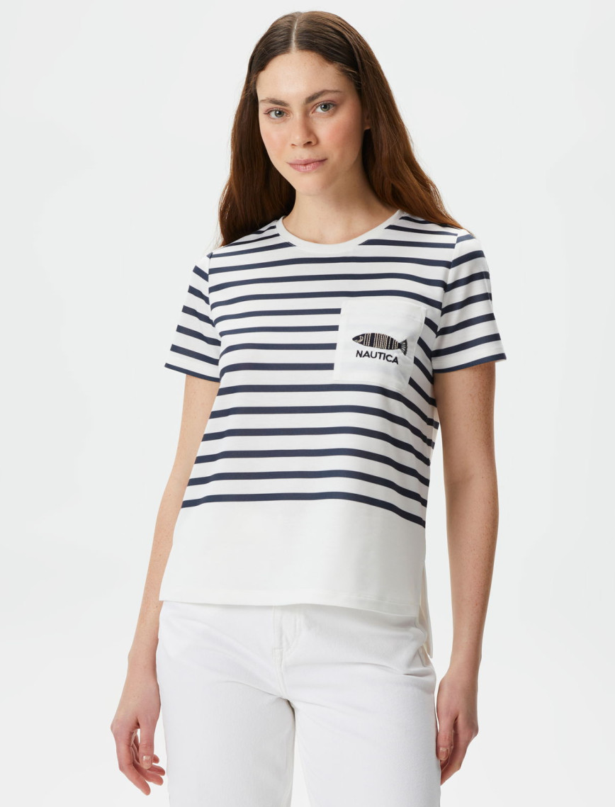 Nautica Kadın Beyaz Regular Fit Çizgili T-Shirt Nautica Kadın Beyaz Regular Fit Çizgili T-Shirt