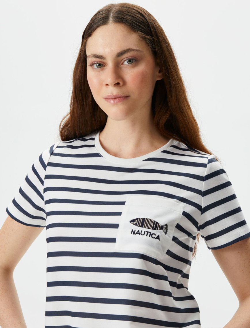 Nautica Kadın Beyaz Regular Fit Çizgili T-Shirt Nautica Kadın Beyaz Regular Fit Çizgili T-Shirt