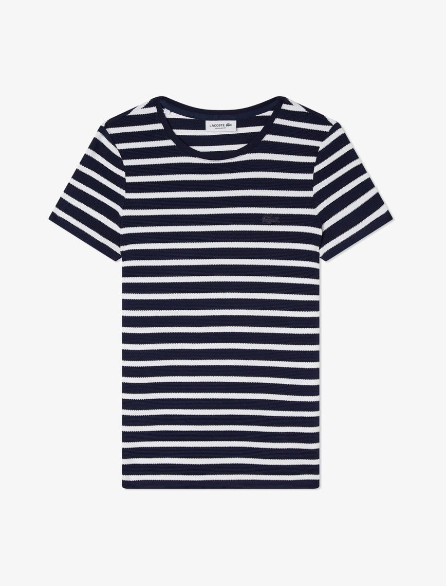 Lacoste Kadın Slim Fit Bisiklet Yaka Çizgili Lacivert T-Shirt
