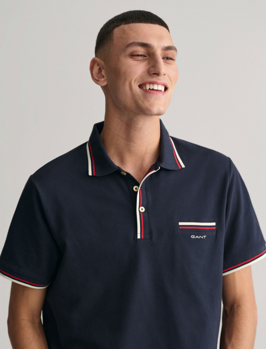 GANT Erkek Lacivert Regular Fit Çizgili Polo GANT Erkek Lacivert Regular Fit Çizgili Polo