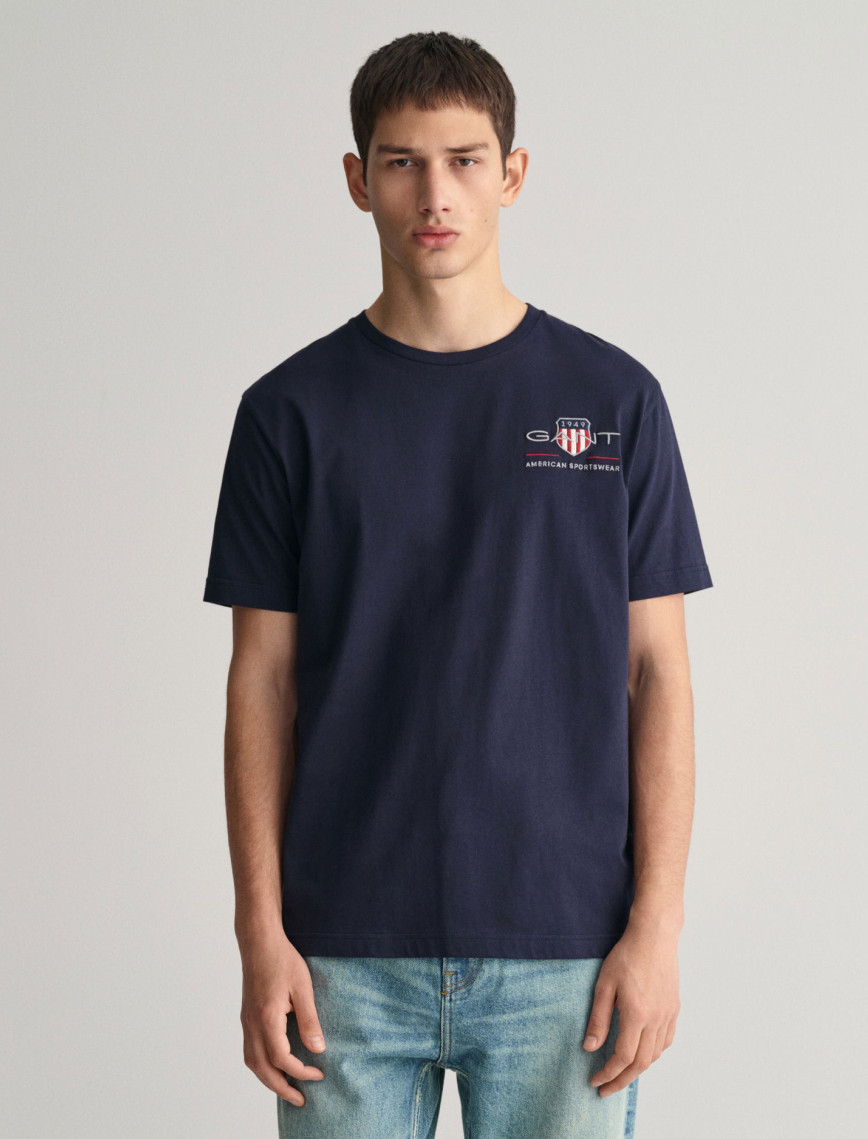 GANT Erkek Lacivert Regular Fit Bisiklet Yaka Logolu T-shirt