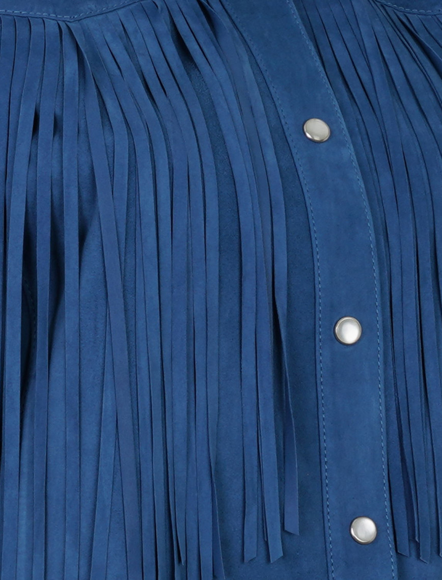 Breahne Mavi Kadın Püsküllü Western Süet Deri Gömlek Breahne Mavi Kadın Püsküllü Western Süet Deri Gömlek