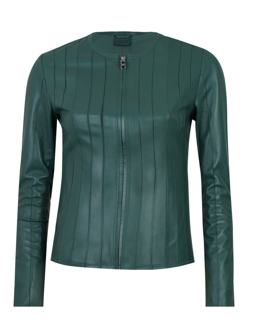 Deundria Yeşil Kadın Fit Panelli Deri Ceket