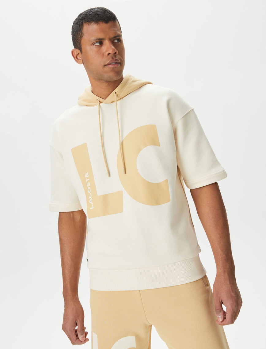 Lacoste Erkek Loose Fit Kapüşonlu Baskılı Krem Sweatshirt