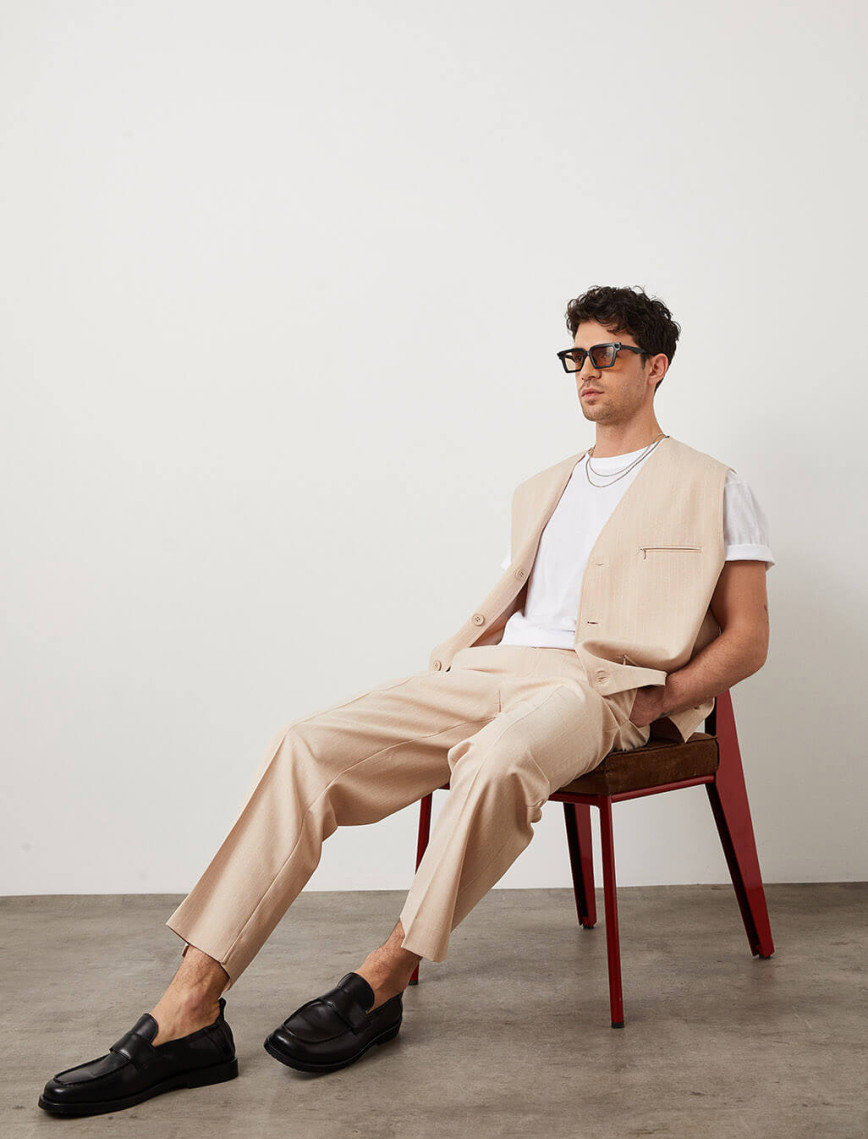 Çizgili Boru Paça Pantolon Çizgili Boru Paça Pantolon