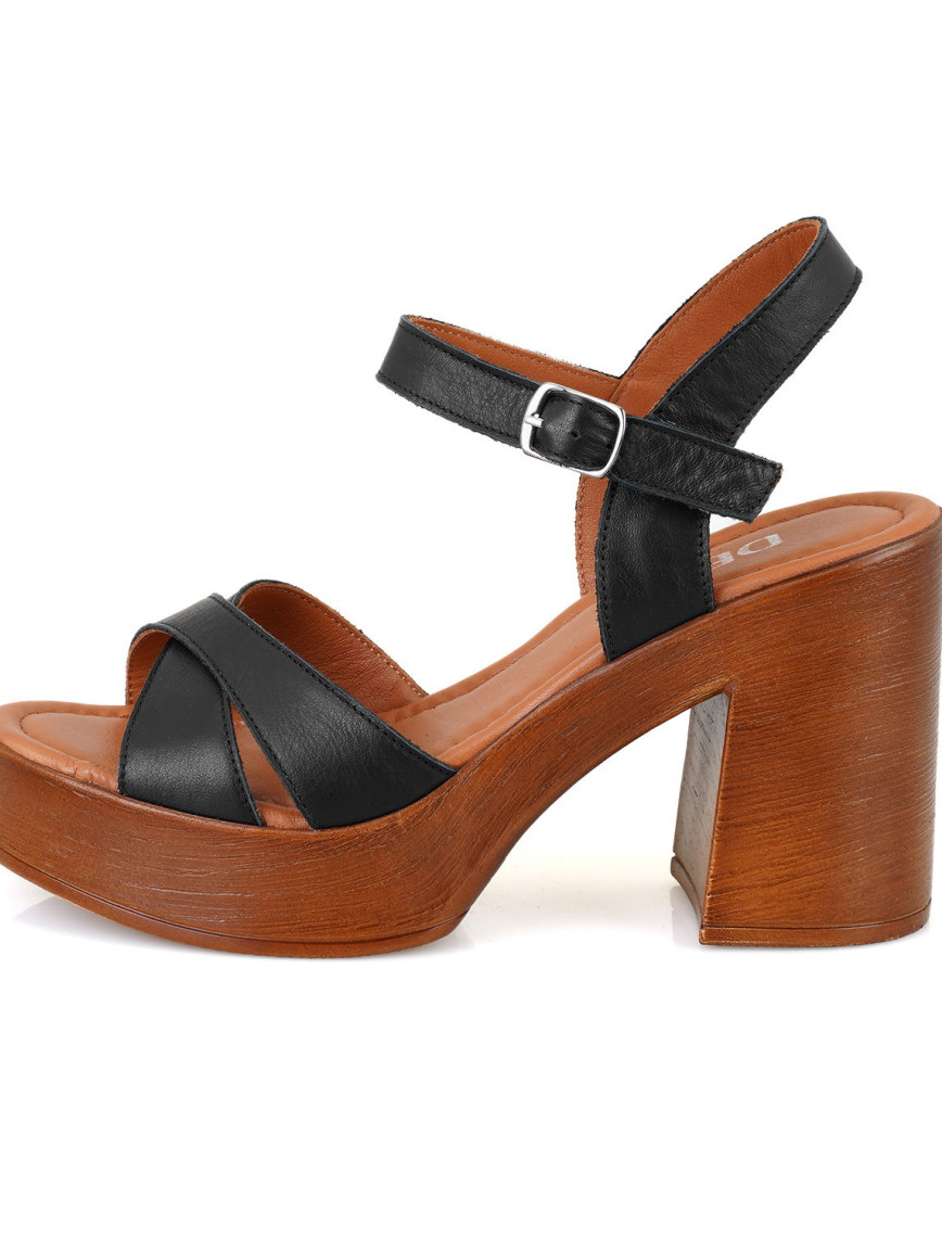 Kadın Siyah Platform Topuklu Deri Sandalet Kadın Siyah Platform Topuklu Deri Sandalet