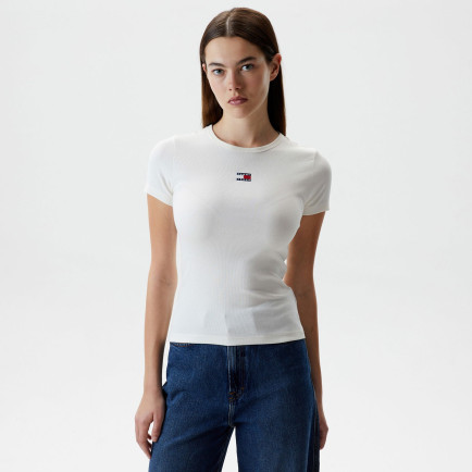 Tommy Jeans Slim Badge Rib Kadın Beyaz T-Shirt