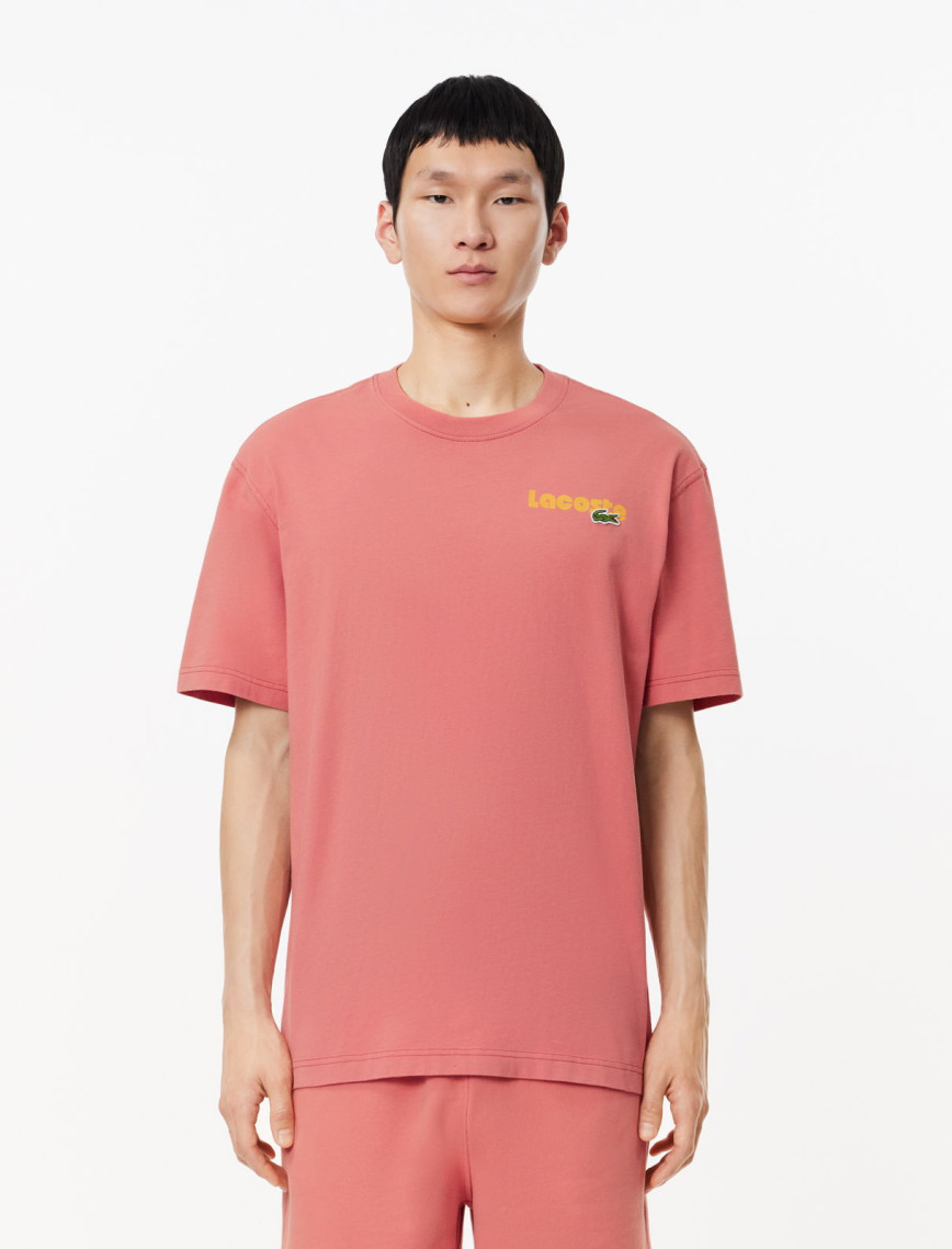 Lacoste Erkek Classic Fit Bisiklet Yaka Baskılı Pembe T-Shirt