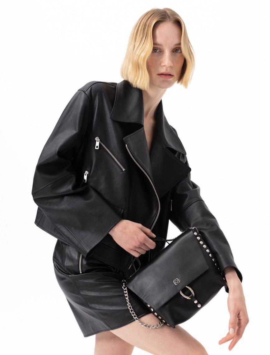 Albinia Siyah Kadın Deri Biker Ceket Albinia Siyah Kadın Deri Biker Ceket
