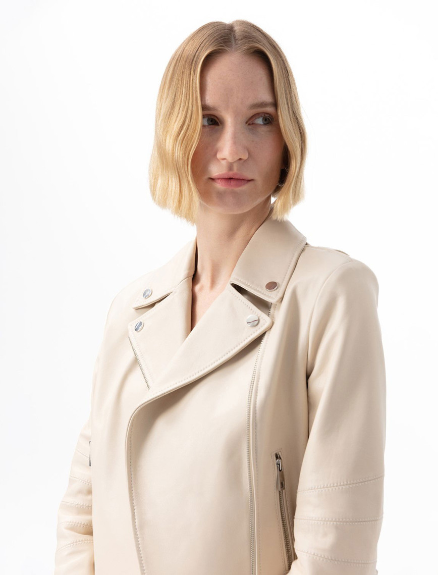 Adsilla Krem Kadın Deri Biker Ceket Adsilla Krem Kadın Deri Biker Ceket
