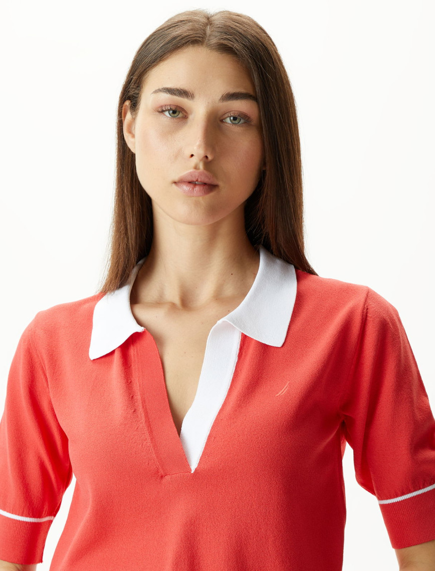 Nautica Kadın Kırmızı Relaxed Fit Kısa Kollu Triko