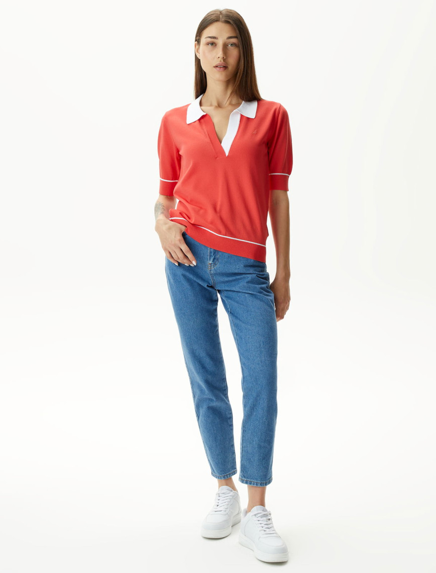 Nautica Kadın Kırmızı Relaxed Fit Kısa Kollu Triko