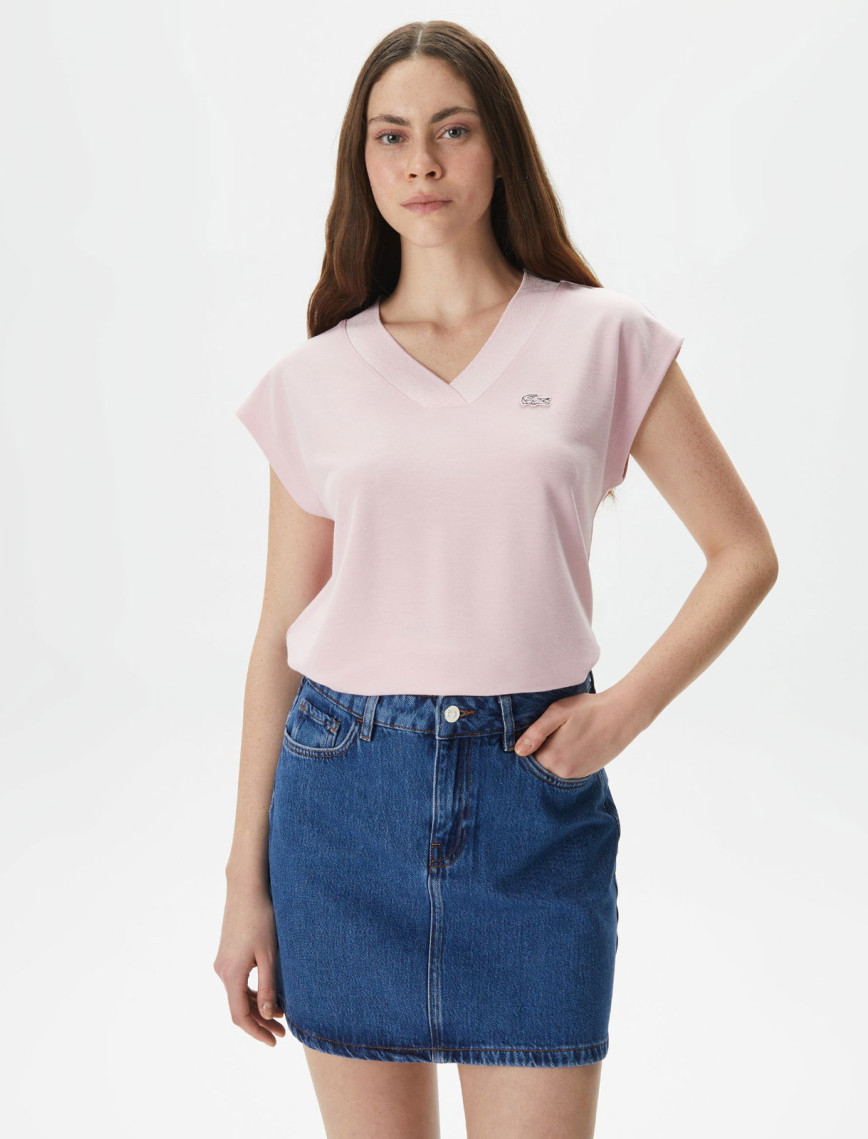 Lacoste Kadın Slim Fit V Yaka Açık Pembe T-Shirt Lacoste Kadın Slim Fit V Yaka Açık Pembe T-Shirt