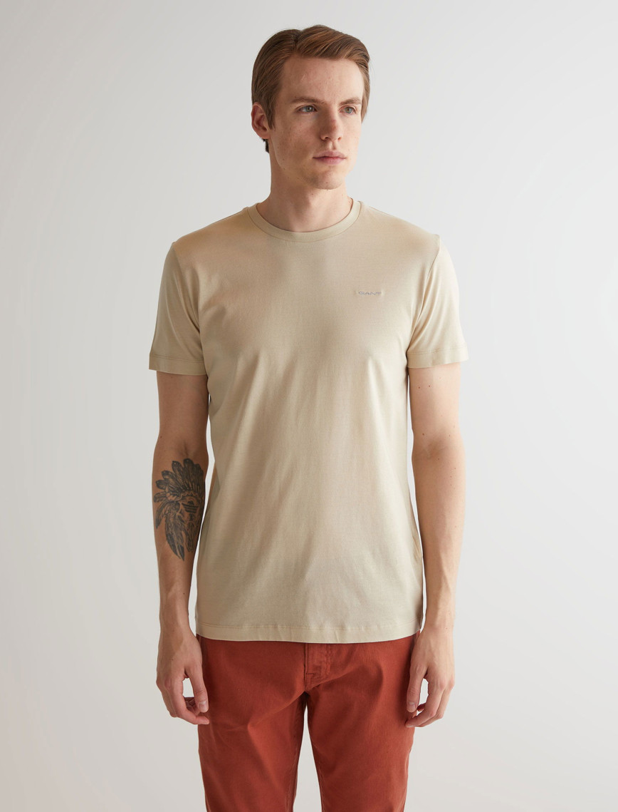 GANT Erkek Bej Slim Fit Bisiklet Yaka Logolu T-shirt GANT Erkek Bej Slim Fit Bisiklet Yaka Logolu T-shirt