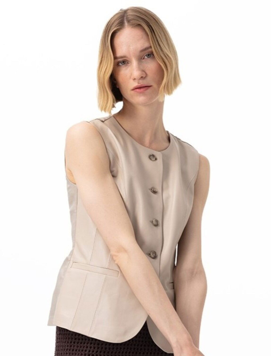 Siena Bej Kadın Deri Keten Yelek/Bluz Siena Bej Kadın Deri Keten Yelek/Bluz