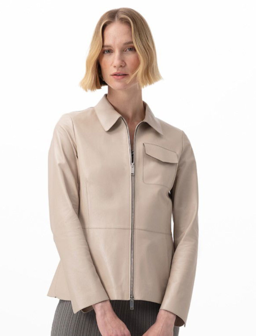 Kadın Bej Gömlek Yakalı Deri Ceket Kadın Bej Gömlek Yakalı Deri Ceket