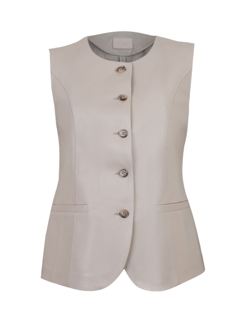 Siena Bej Kadın Deri Keten Yelek/Bluz Siena Bej Kadın Deri Keten Yelek/Bluz