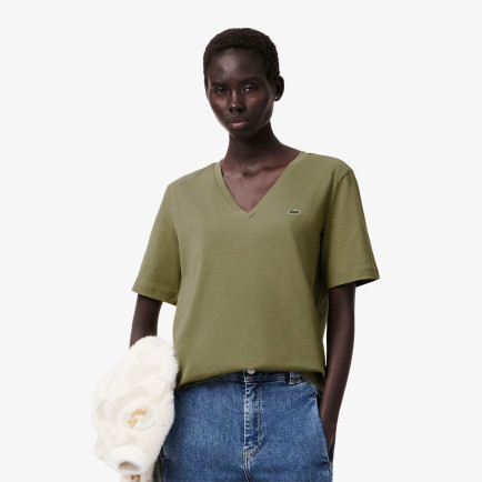Lacoste Kadın Relaxed Fit V Yaka Haki T-Shirt Lacoste Kadın Relaxed Fit V Yaka Haki T-Shirt