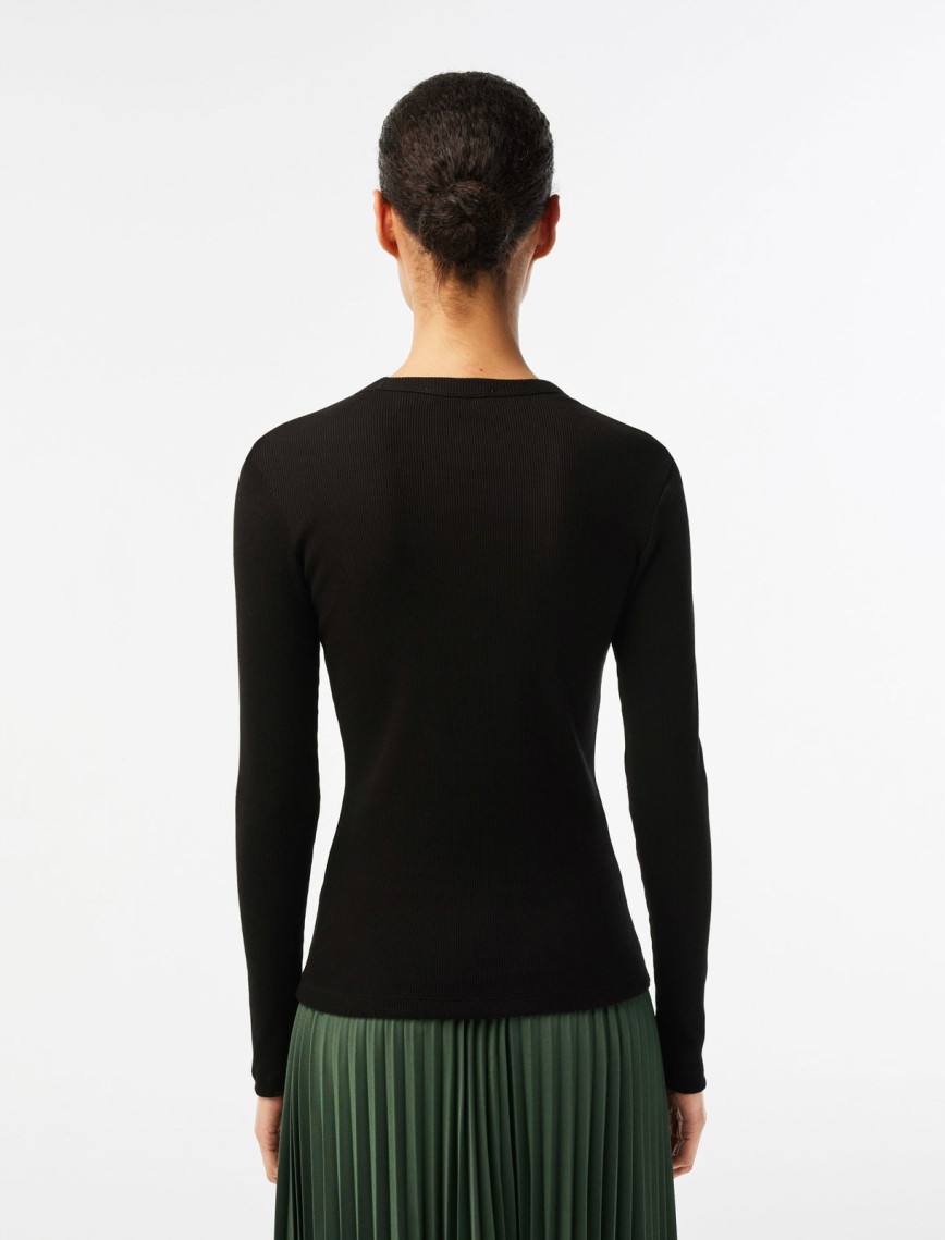 Lacoste Kadın Slim Fit Uzun Kollu Bisiklet Yaka Siyah T-Shirt