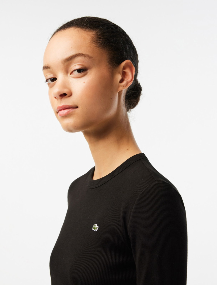 Lacoste Kadın Slim Fit Uzun Kollu Bisiklet Yaka Siyah T-Shirt