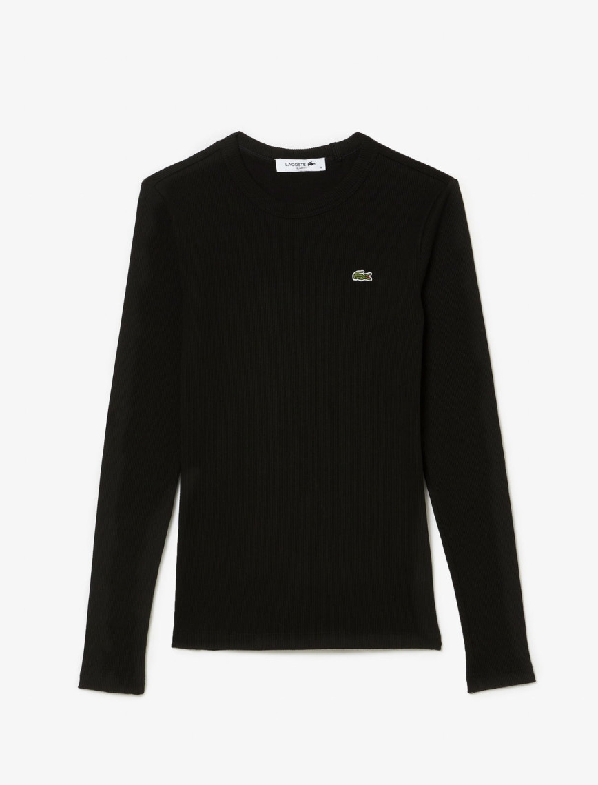 Lacoste Kadın Slim Fit Uzun Kollu Bisiklet Yaka Siyah T-Shirt