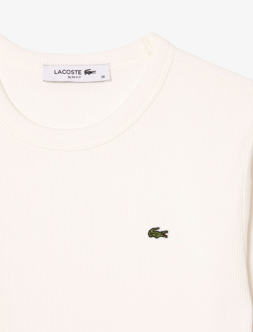 Lacoste Kadın Slim Fit Uzun Kollu Bisiklet Yaka Beyaz T-Shirt