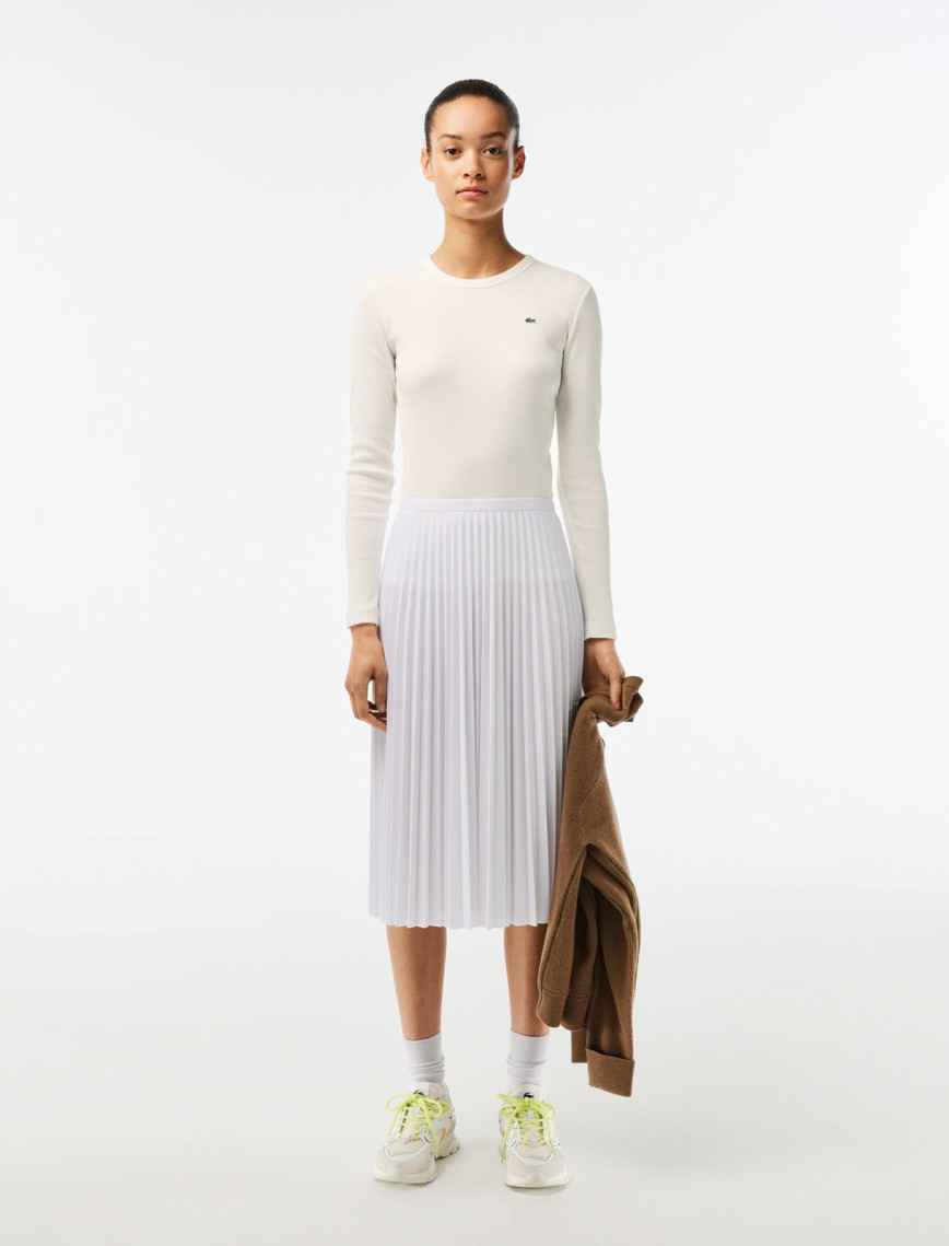 Lacoste Kadın Slim Fit Uzun Kollu Bisiklet Yaka Beyaz T-Shirt