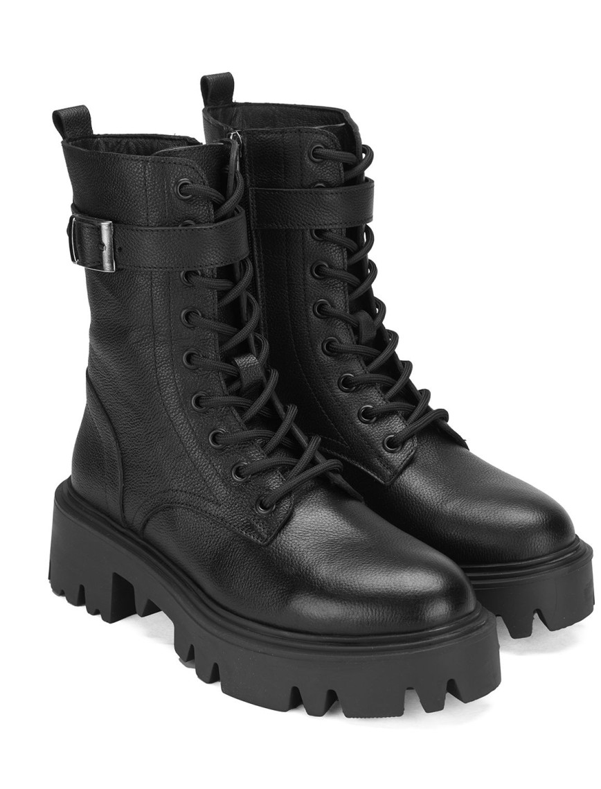 Kadın Siyah Bağcıklı Deri Postal Bot Kadın Siyah Bağcıklı Deri Postal Bot