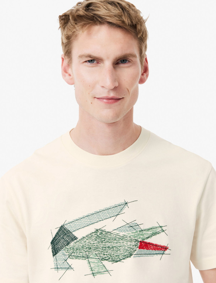 Lacoste Erkek Classic Fit Bisiklet Yaka Baskılı Krem T-Shirt Lacoste Erkek Classic Fit Bisiklet Yaka Baskılı Krem T-Shirt
