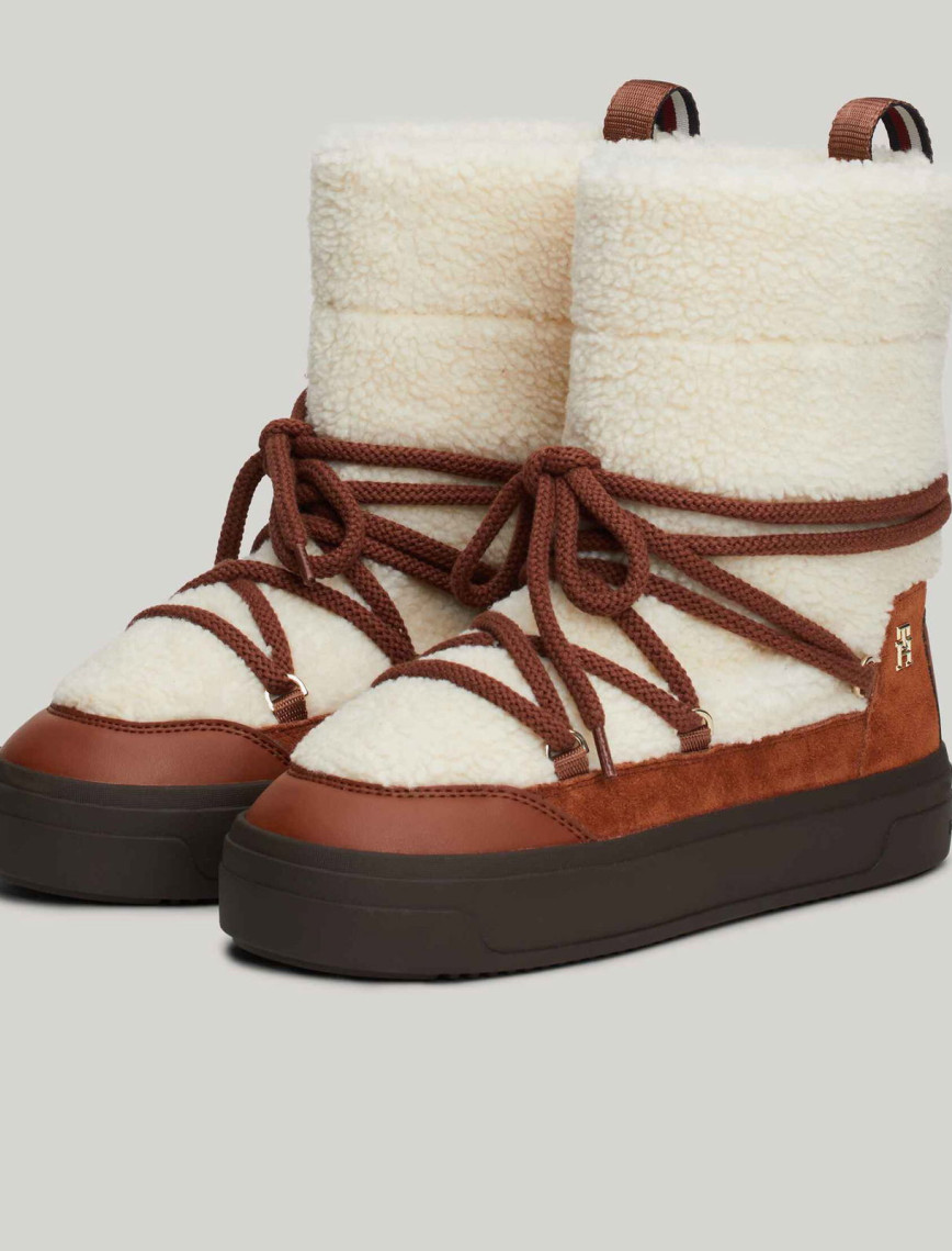Tommy Hilfiger Lace-Up Faux Shearling Kadın Kahverengi Kar Botu