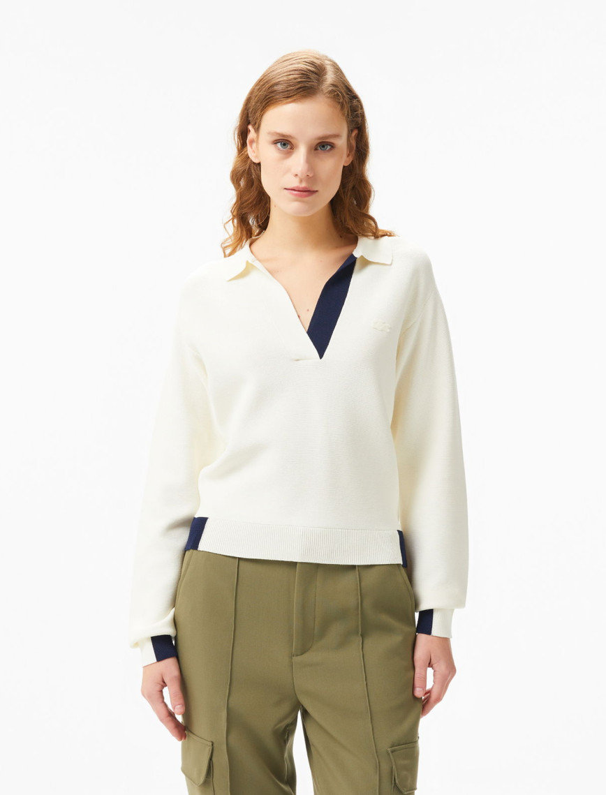 Lacoste Kadın Regular Fit Polo Yaka Krem Triko Lacoste Kadın Regular Fit Polo Yaka Krem Triko