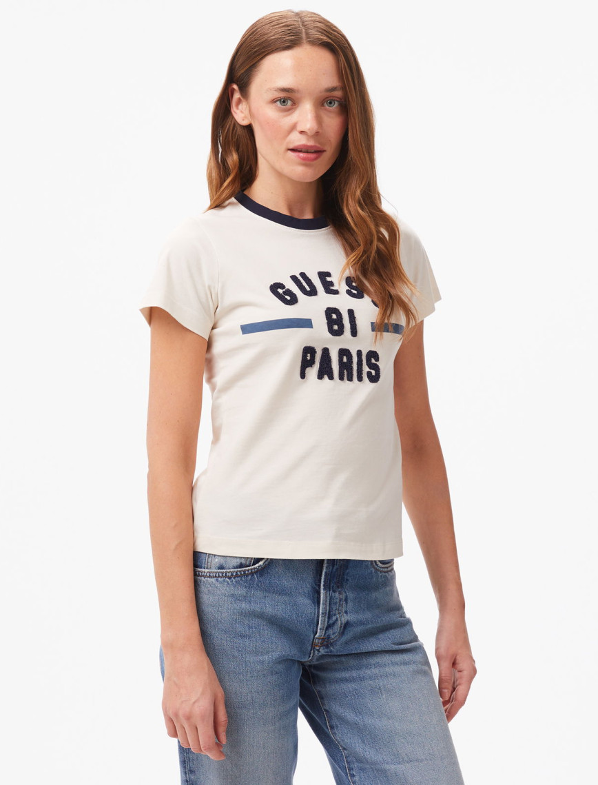 Guess Sarah Logo Bear Paul Sueded Jersey 190 Kadın Beyaz T-Shirt Guess Sarah Logo Bear Paul Sueded Jersey 190 Kadın Beyaz T-Shirt