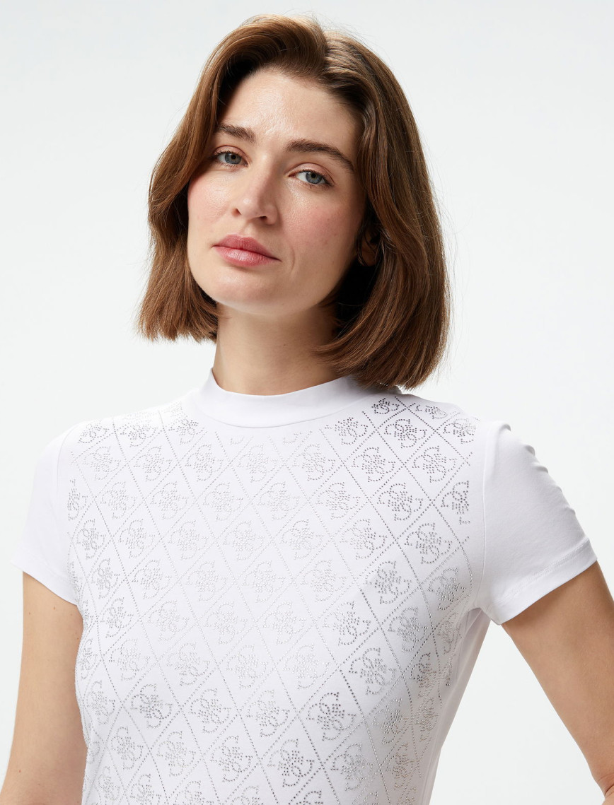Guess Mock Neck All Over Mid Organic Stretch Jersey 180 Kadın Beyaz T-Shirt Guess Mock Neck All Over Mid Organic Stretch Jersey 180 Kadın Beyaz T-Shirt