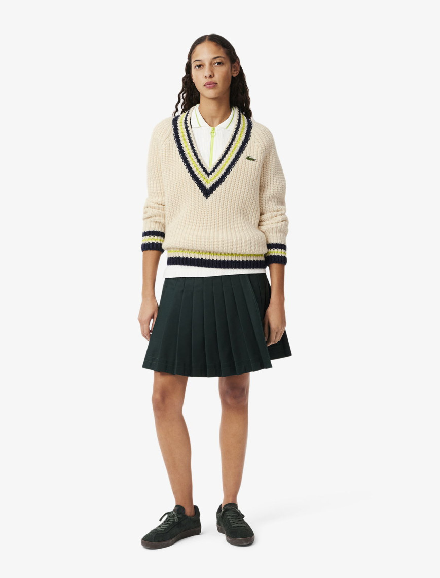 Lacoste Kadın Relaxed Fit V Yaka Yün Renk Bloklu Krem Kazak Lacoste Kadın Relaxed Fit V Yaka Yün Renk Bloklu Krem Kazak