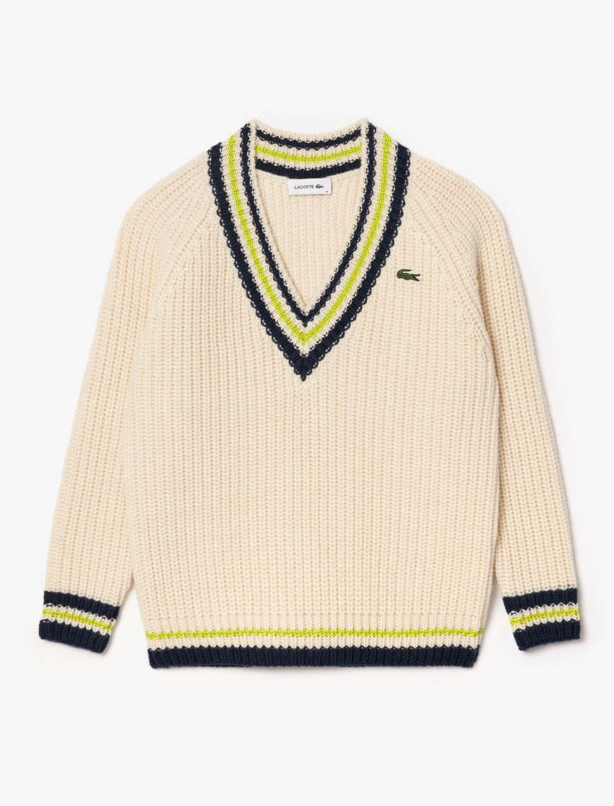 Lacoste Kadın Relaxed Fit V Yaka Yün Renk Bloklu Krem Kazak Lacoste Kadın Relaxed Fit V Yaka Yün Renk Bloklu Krem Kazak