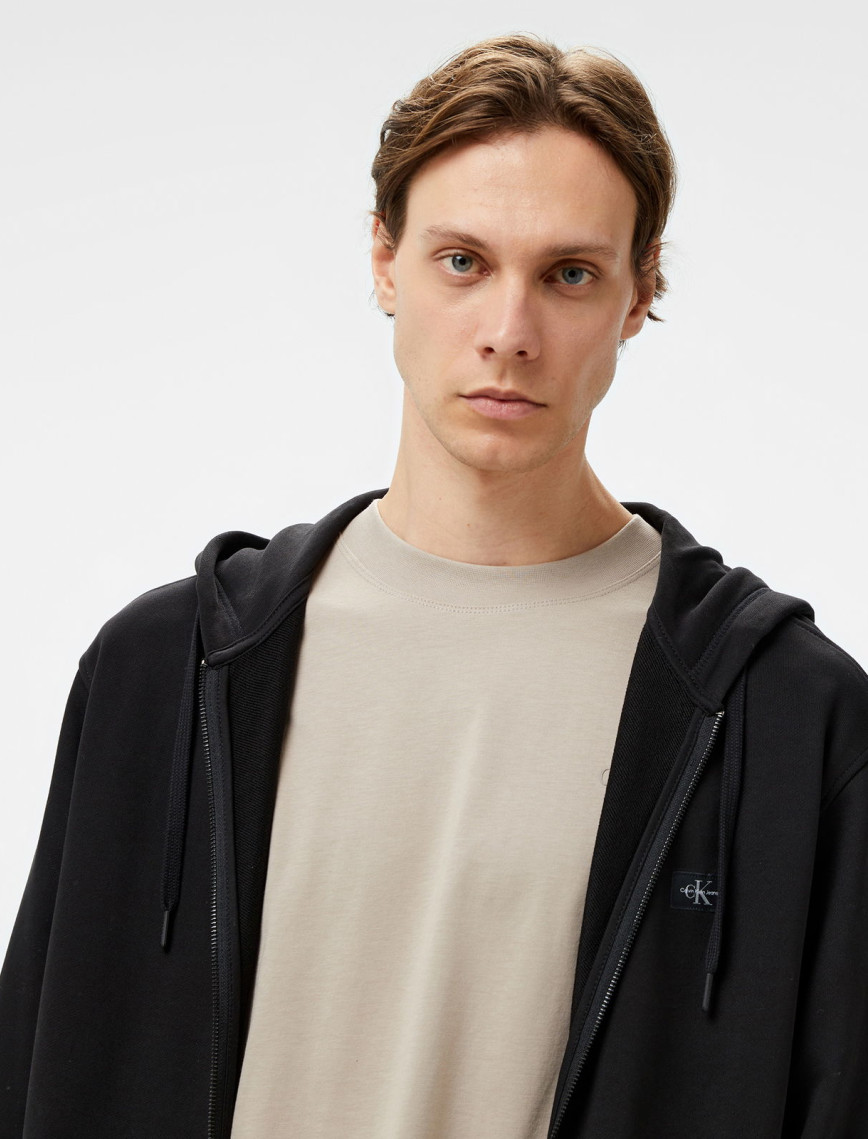 Calvin Klein Jeans Woven Label Zip Through Erkek Siyah Hoodie Calvin Klein Jeans Woven Label Zip Through Erkek Siyah Hoodie