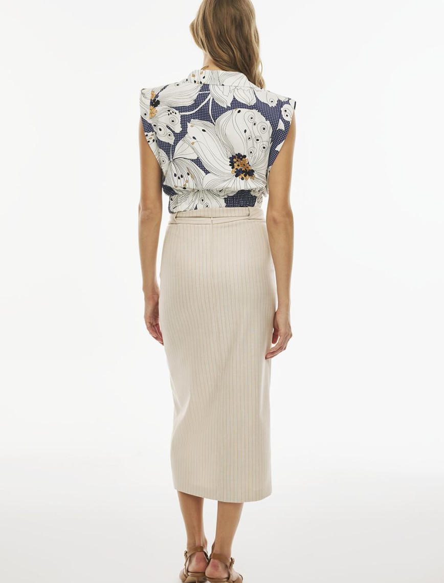 Elbans Slim Fit Çizgili Desenli Midi Boy Bej Renk Etek