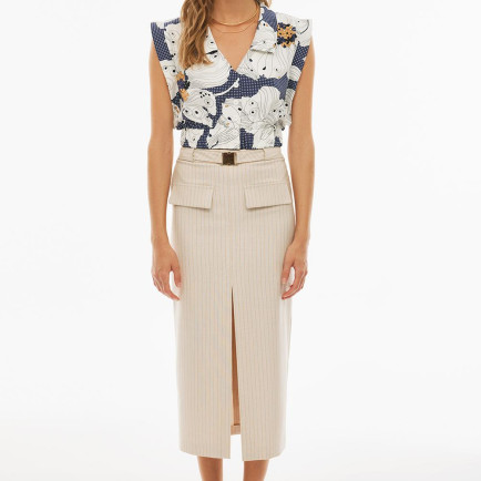 Elbans Slim Fit Çizgili Desenli Midi Boy Bej Renk Etek