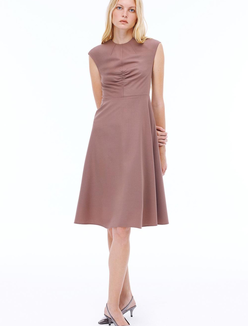 Alfios Regular Fit Midi Boy Düşük Kollu Bisiklet Yaka Vizon Renk Elbise