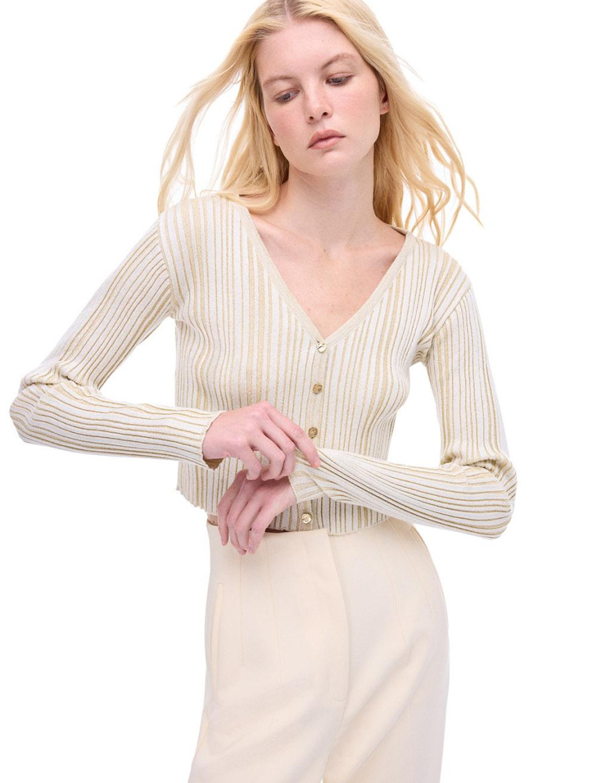 Triko Bele Oturan Kısa Boy Takma Kol V-Yaka Bej Hırka Triko Bele Oturan Kısa Boy Takma Kol V-Yaka Bej Hırka