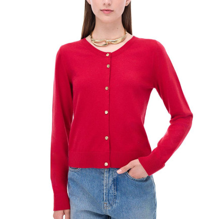 Triko Rahat Kalıp Standart Boy Takma Kol Bisiklet Yaka Kırmızı Hırka