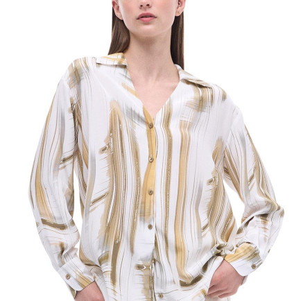 Serenity Regular Fit Soyut Desenli Standart Boy Takma Kol Gömlek Yaka Ekru Renk Kadın Gömlek