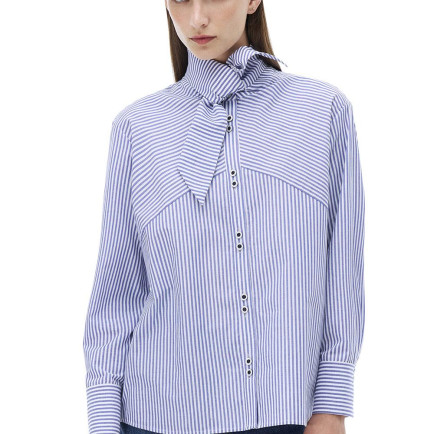 Adalias Regular Fit Çizgili Desen Standart Boy Düşük Kollu Gömlek Yaka Beyaz İndigo Gömlek