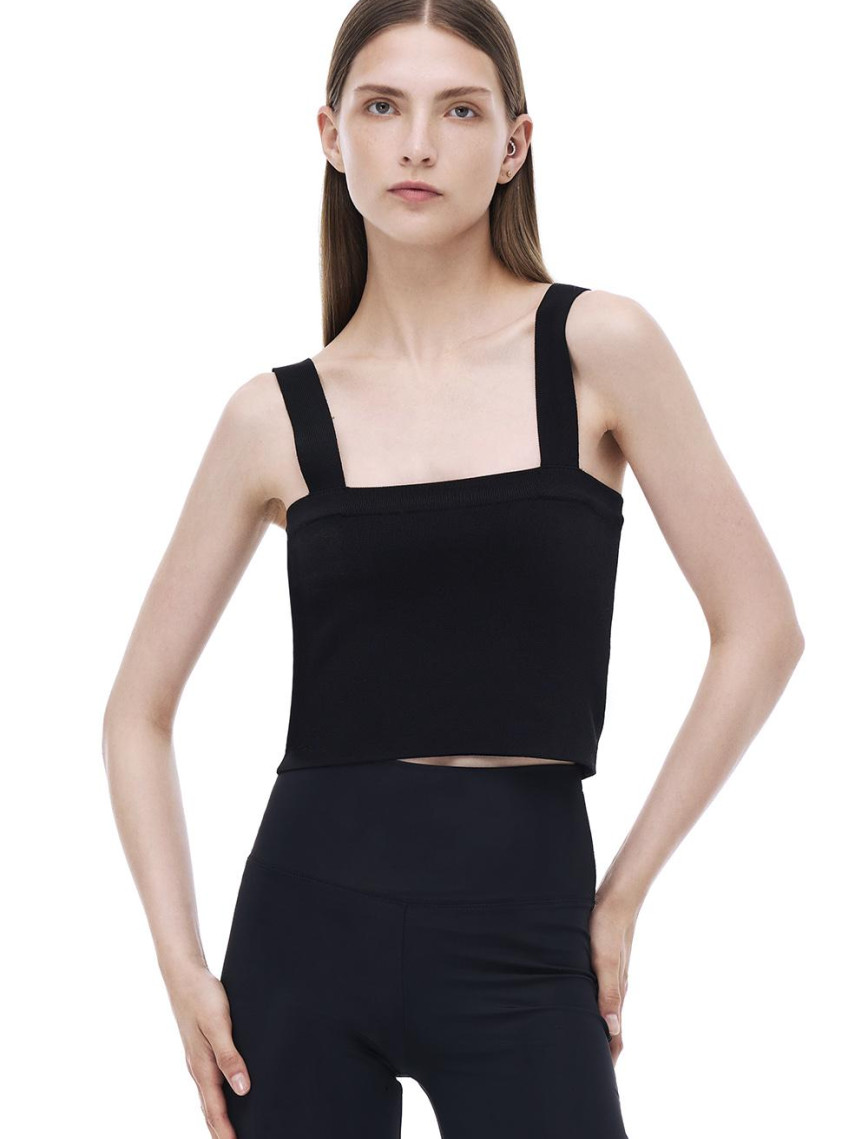 Triko Skinny Fit Crop Boy Askılı Kare Yaka Siyah Bluz Triko Skinny Fit Crop Boy Askılı Kare Yaka Siyah Bluz