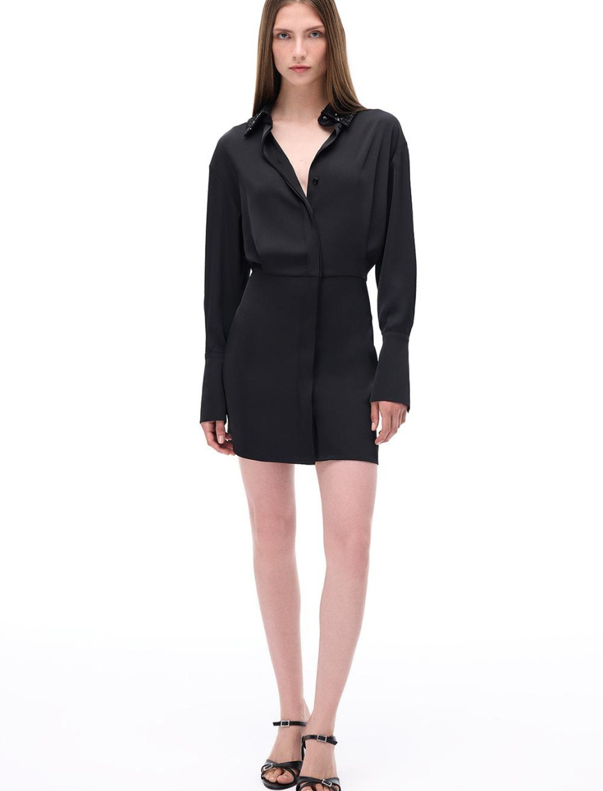 Pandoras Regular Fit Diz Üstü Düşük Kollu Gömlek Yaka Siyah Elbise Pandoras Regular Fit Diz Üstü Düşük Kollu Gömlek Yaka Siyah Elbise