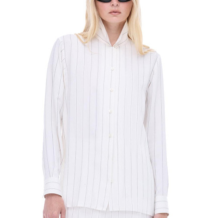 Aponias Rahat Kalıp Çizgili Desen Standart Boy Takma Kol Gömlek Yaka Ekru Gömlek
