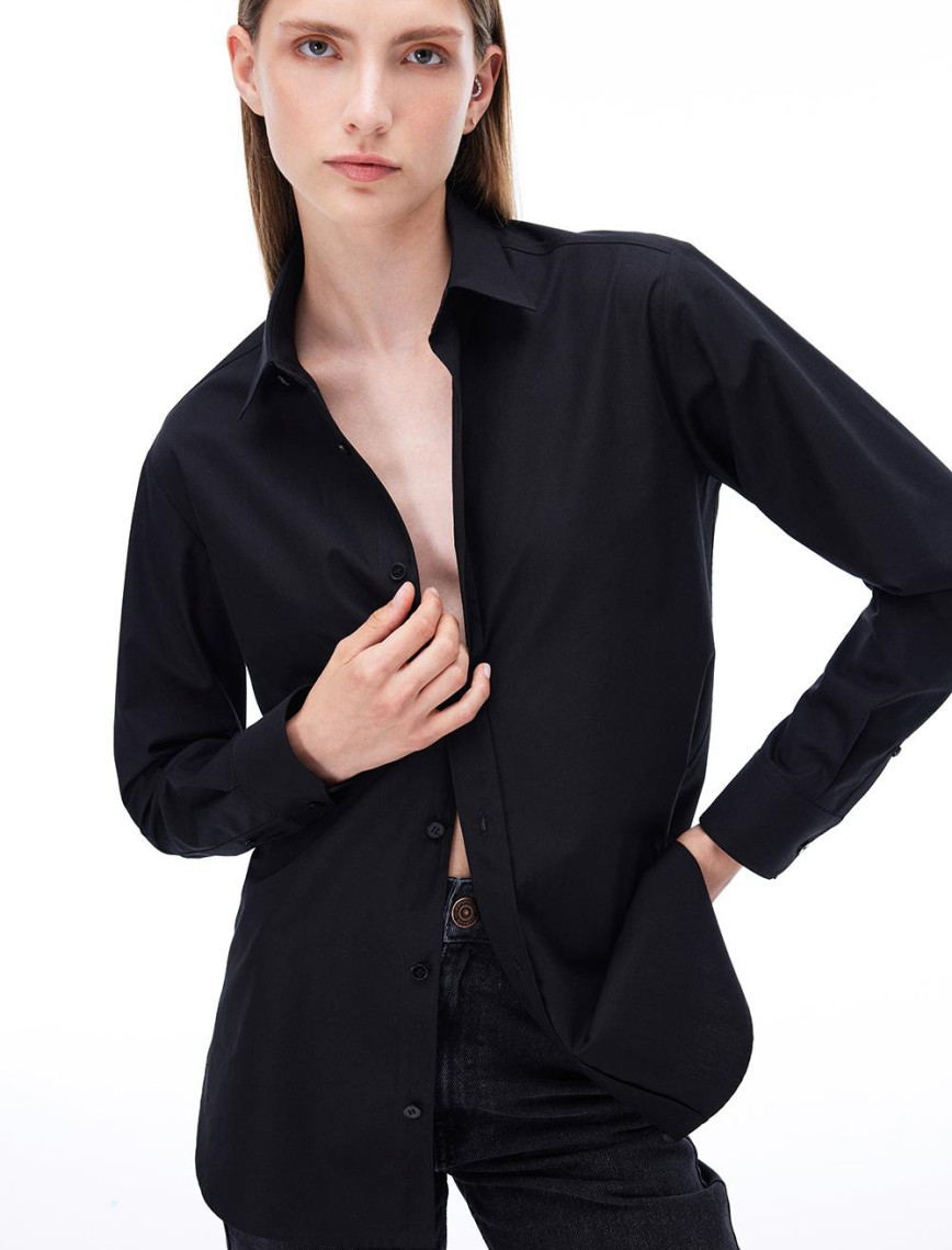 Amelias Regular Fit Standart Boy Takma Kol Gömlek Yaka Siyah Gömlek