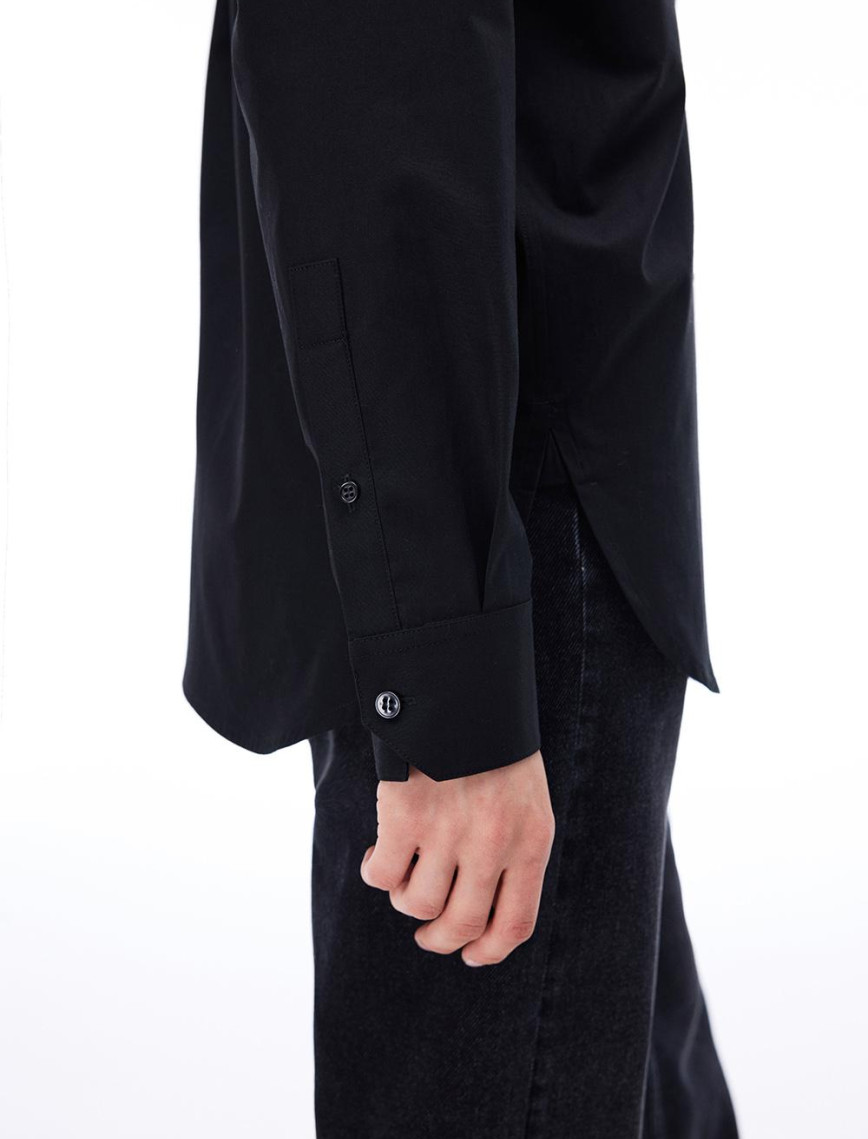 Amelias Regular Fit Standart Boy Takma Kol Gömlek Yaka Siyah Gömlek