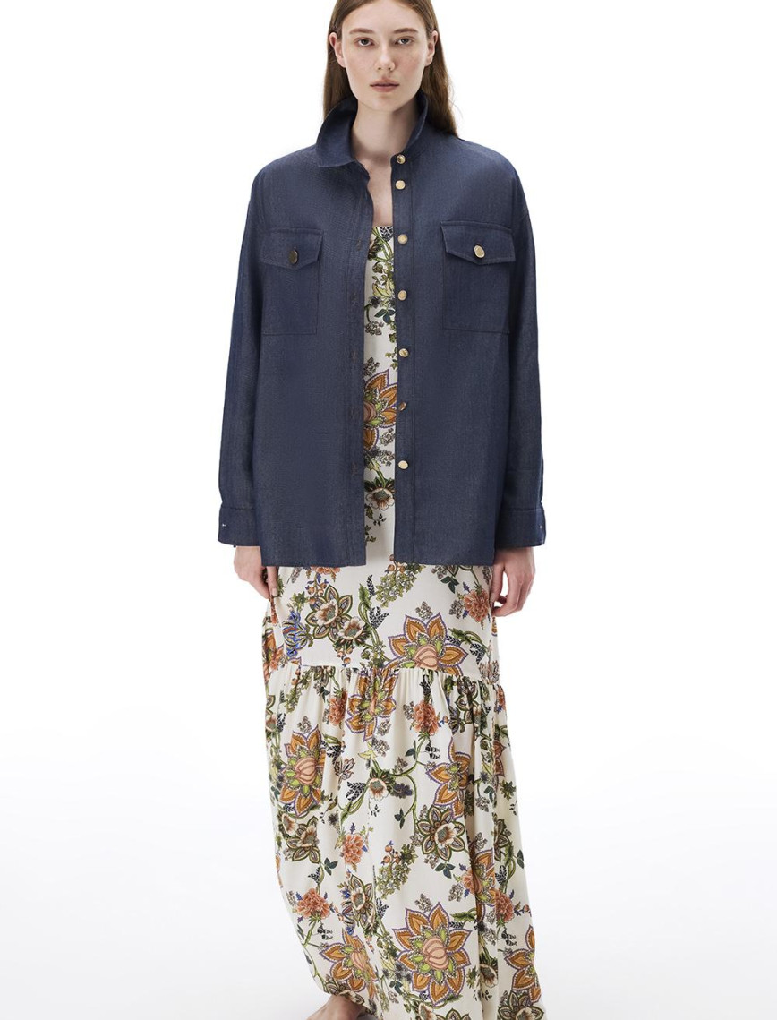 Latibule Regular Fit Standart Boy Takma Kol Gömlek Yaka İndigo Renk Kadın Gömlek