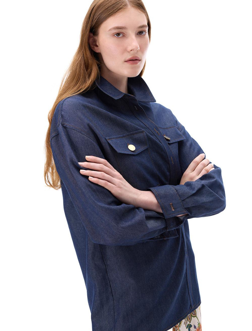 Latibule Regular Fit Standart Boy Takma Kol Gömlek Yaka İndigo Renk Kadın Gömlek